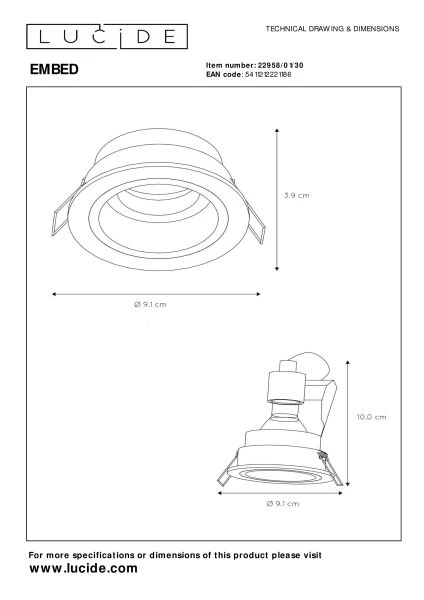 Lucide EMBED - Einbaustrahler - Ø 9,1 cm - 1xGU10 - Schwarz - TECHNISCH